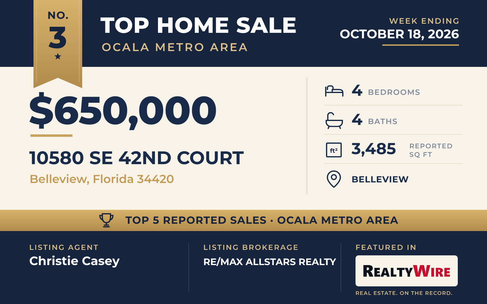 Top home sale No. 3 in the Ocala metro area β 10580 SE 42nd Court, Belleview, Florida, week ending October 18, 2026