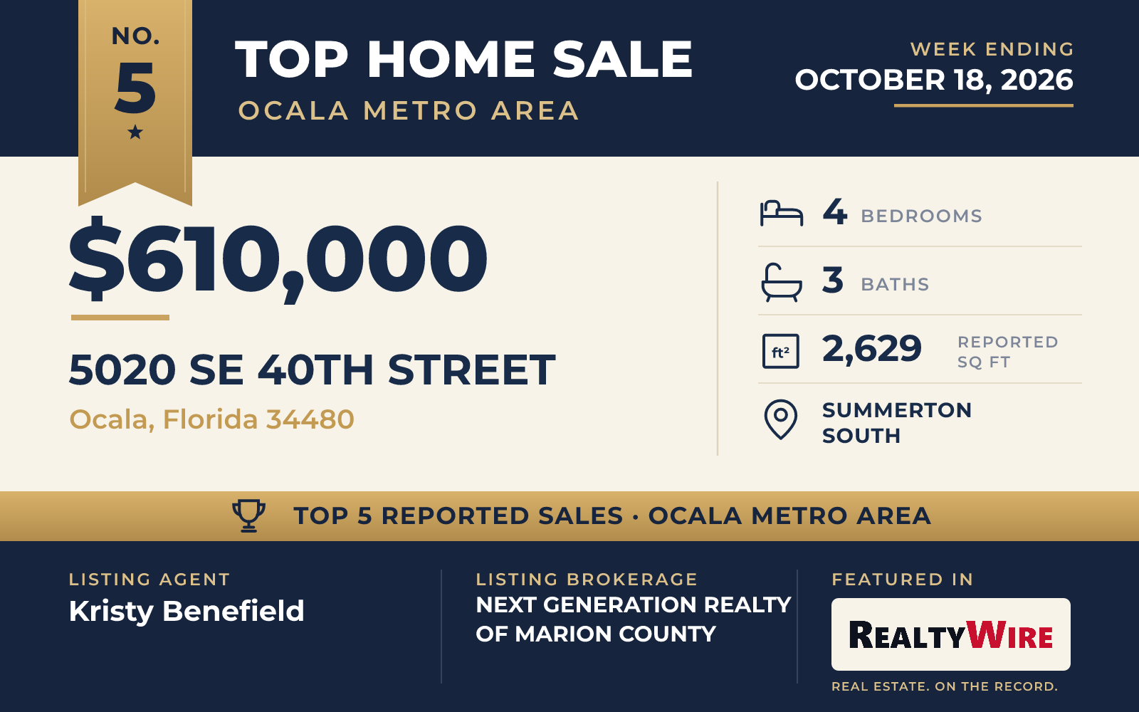Top home sale No. 5 in the Ocala metro area β 5020 SE 40th Street, Ocala, Florida, week ending October 18, 2026