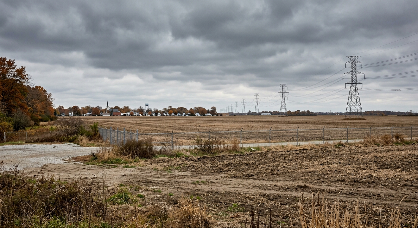 Vacant industrial land with transmission lines crossing the horizon at the edge of a small Ohio village.