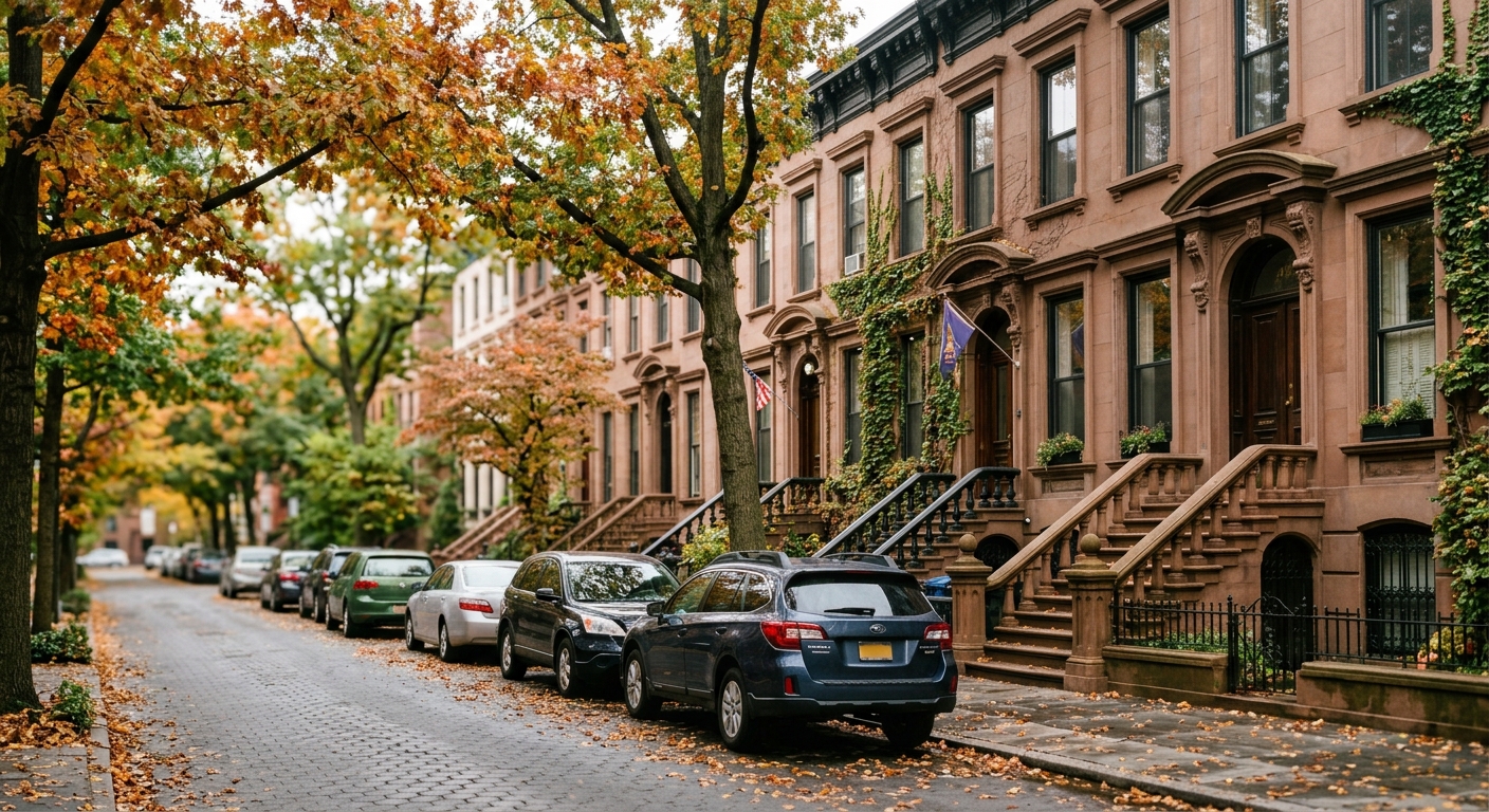 A tree-lined New York City street of brownstone townhouses in morning light.