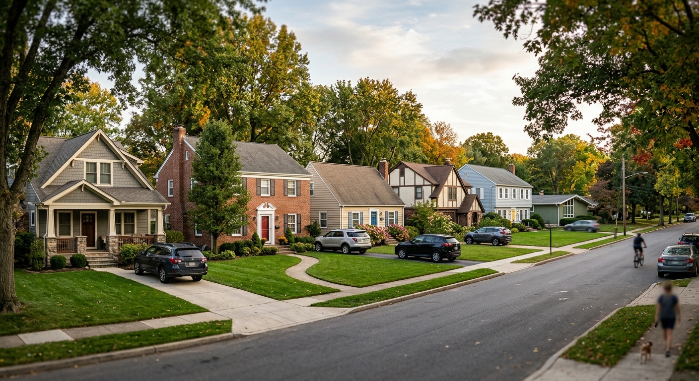 A row of single-family homes along a tree-lined suburban street in late afternoon light.