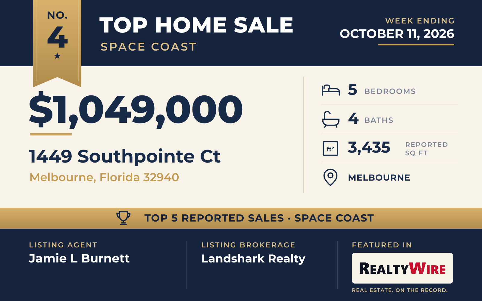 Top home sale No. 4 in the Space Coast β 1449 Southpointe Ct, Melbourne, Florida, week ending October 11, 2026