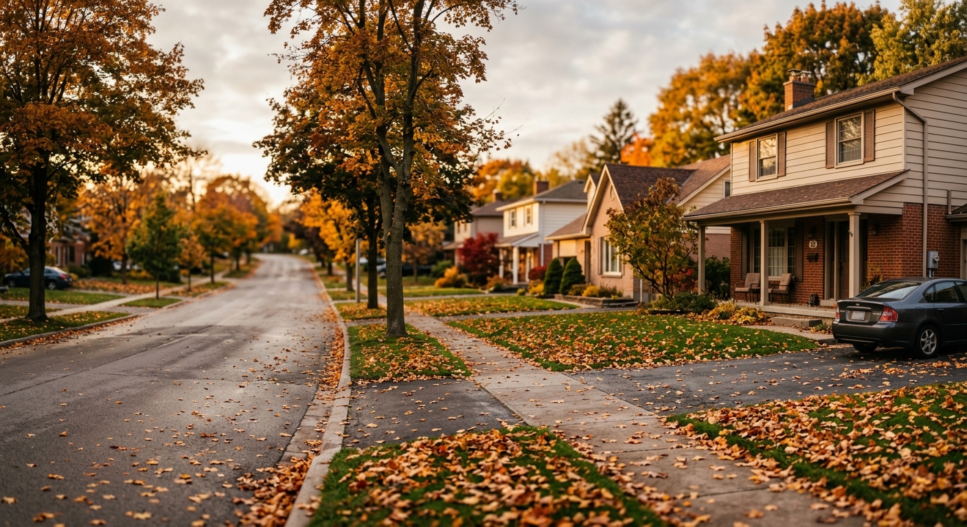A quiet suburban street of single-family homes in autumn light.
