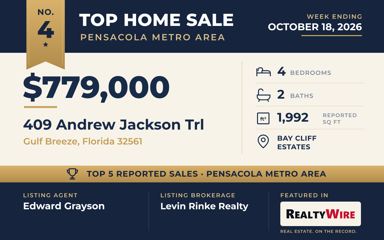 Top home sale No. 4 in the Pensacola metro area — 409 Andrew Jackson Trl, Gulf Breeze, Florida, week ending October 18, 2026