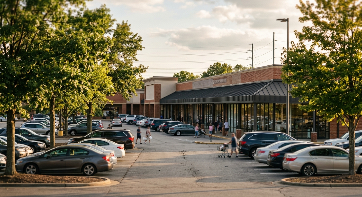 A suburban neighborhood shopping center with a wide parking lot photographed in late afternoon light.