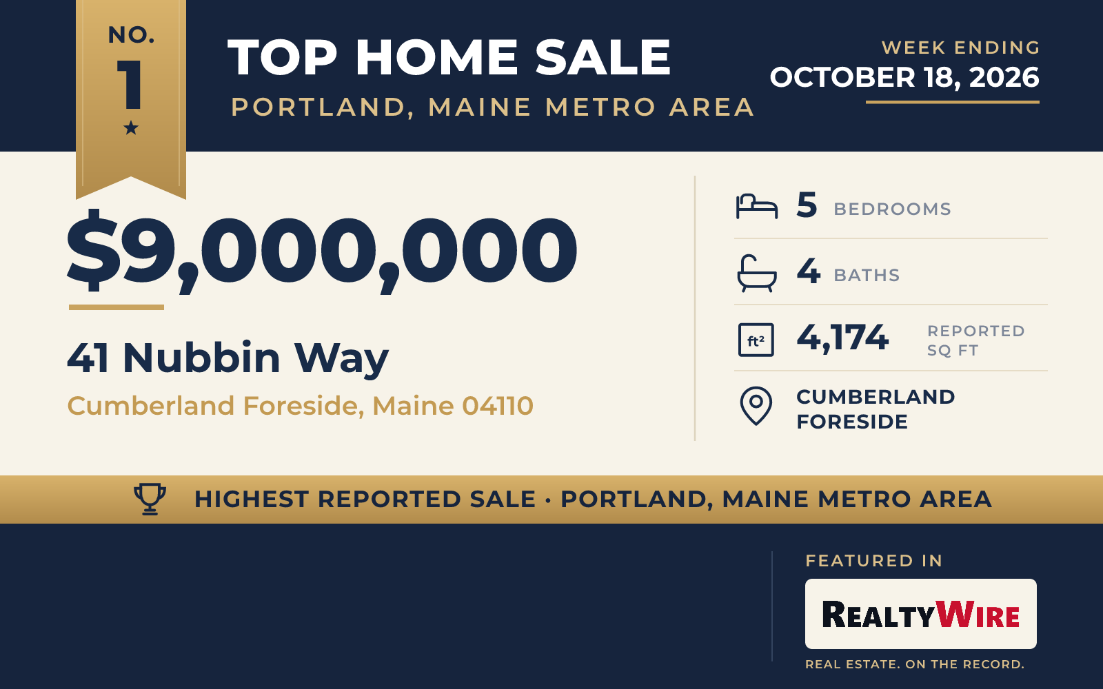 Top home sale No. 1 in the Portland metro area β 41 Nubbin Way, Cumberland Foreside, Maine, week ending October 18, 2026