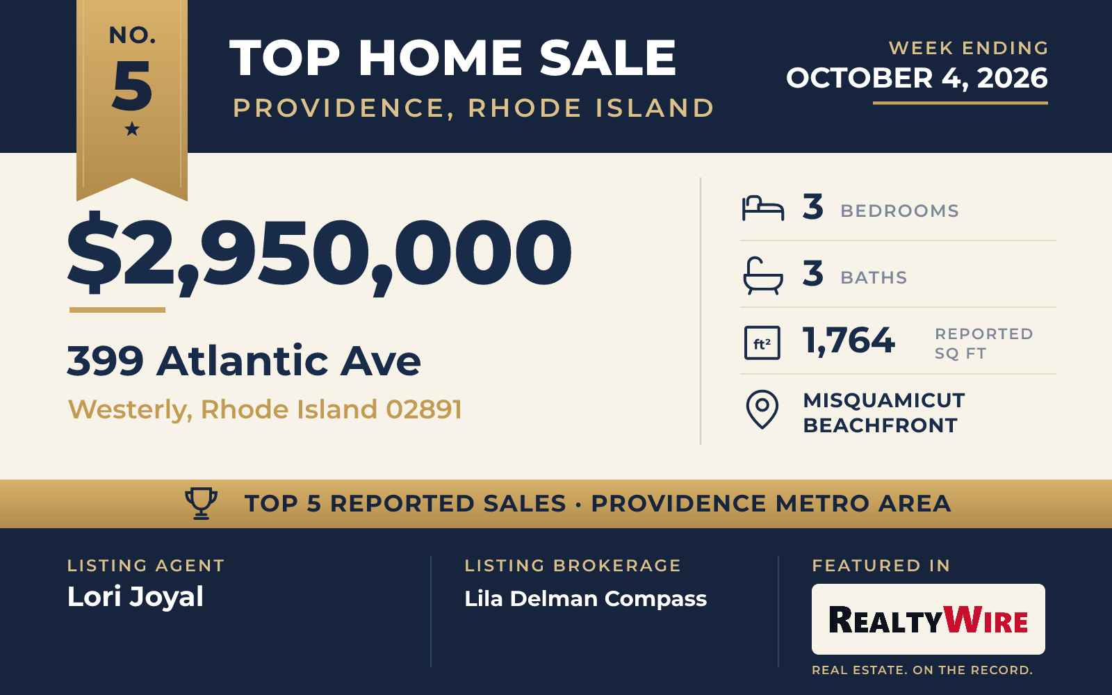 Top home sale No. 5 in the Providence, Rhode Island metro area — 399 Atlantic Ave, Westerly, Rhode Island, week ending October 4, 2026
