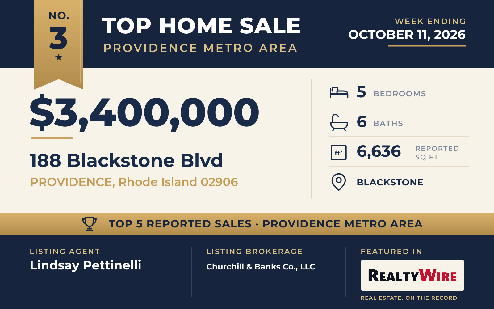 Top home sale No. 3 in the Providence metro area — 188 Blackstone Blvd, PROVIDENCE, Rhode Island, week ending October 11, 2026