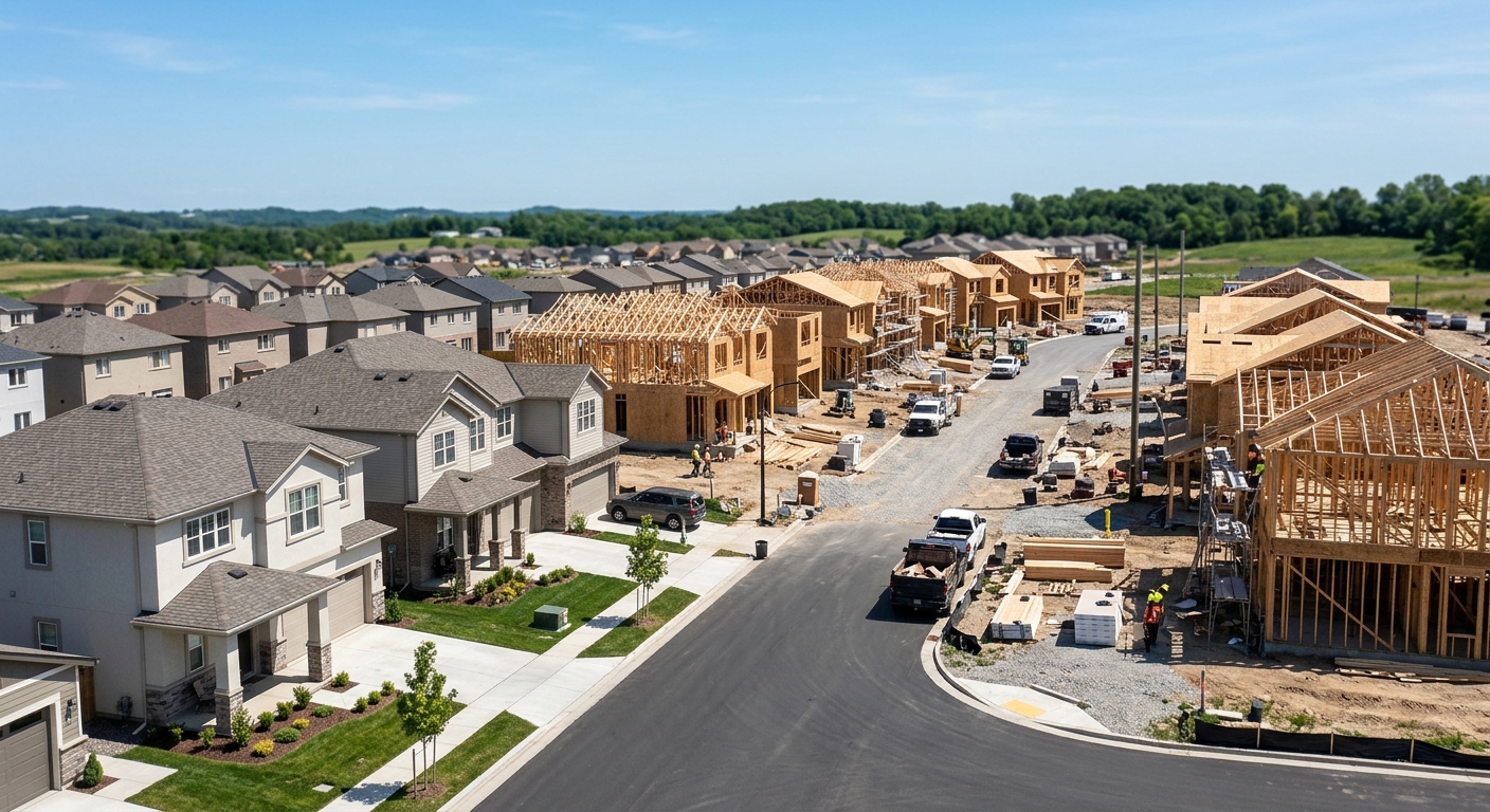 A new-home community under construction, with framed houses beside finished homes.