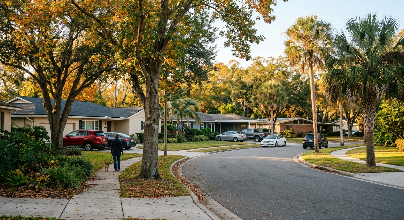 A quiet suburban street of single-family homes in late-afternoon light.