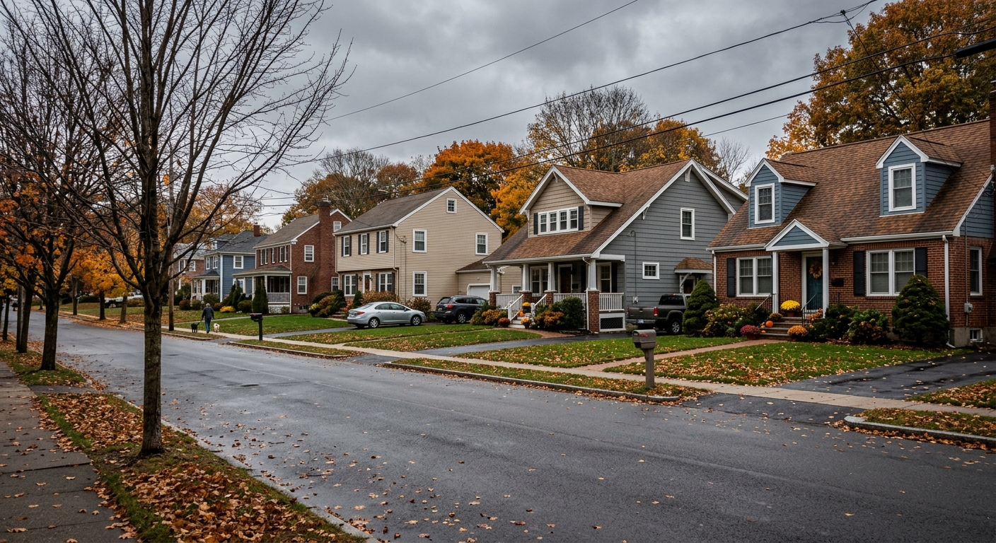 A row of single-family homes along a neighborhood street on an overcast autumn day.