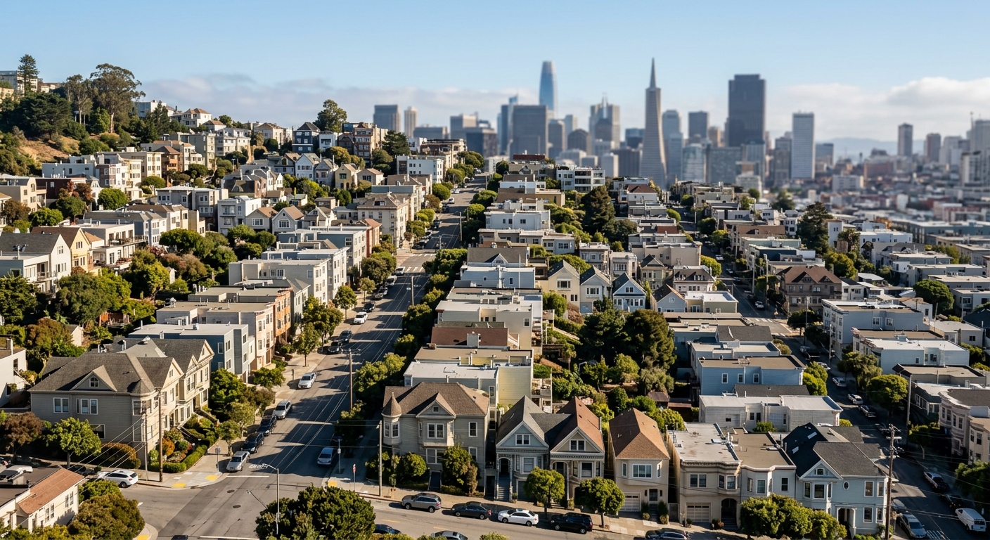 A hillside neighborhood of closely spaced single-family houses in a West Coast city with distant downtown towers out of focus.