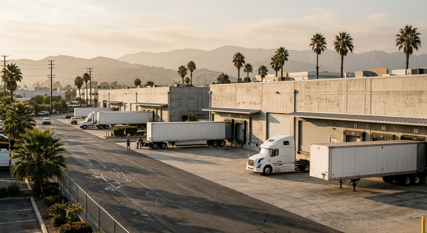 Modern industrial warehouses with loading docks in a Southern California business park.