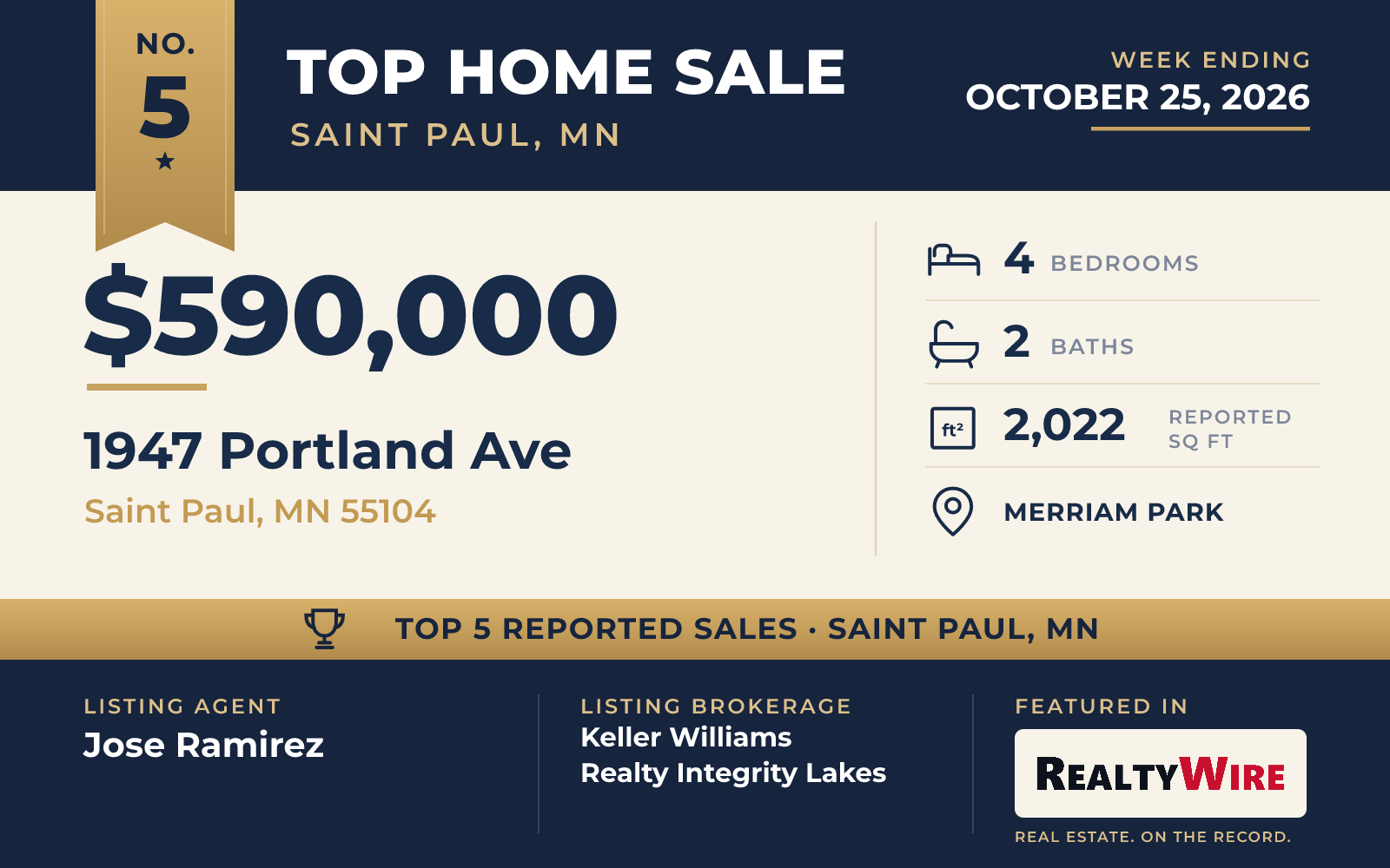 Top home sale No. 5 in Saint Paul, Minnesota β 1947 Portland Ave, Saint Paul, Minnesota, week ending October 25, 2026