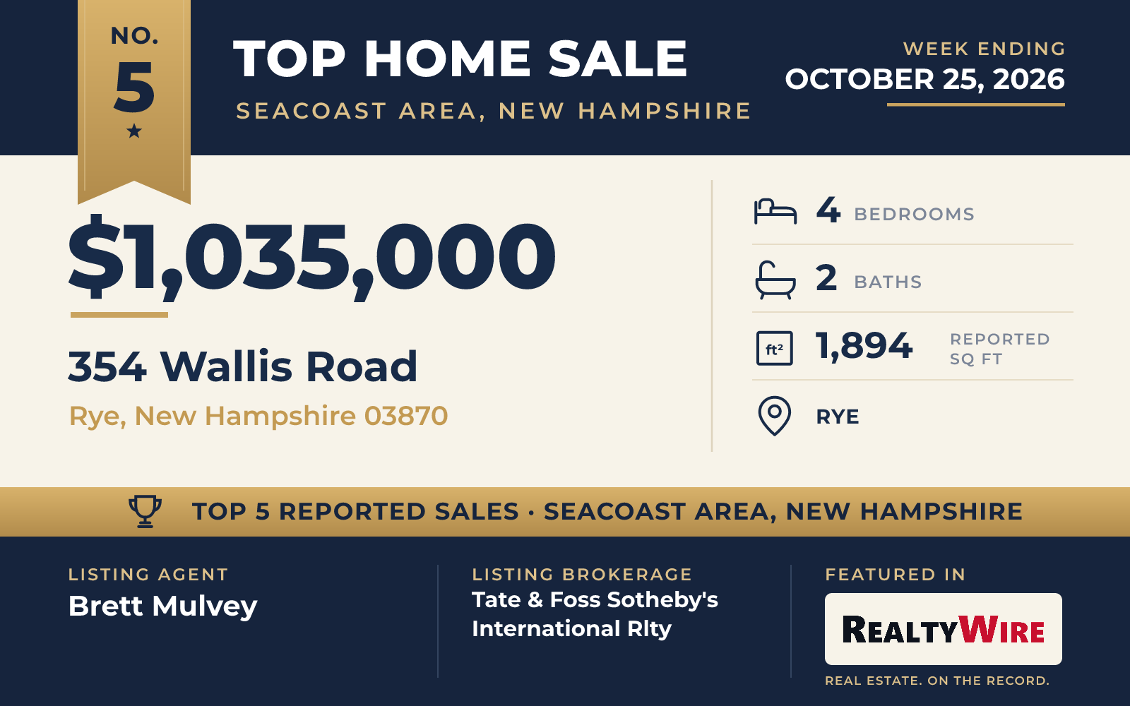 Top home sale No. 5 in Seacoast Area, New Hampshire β 354 Wallis Road, Rye, New Hampshire, week ending October 25, 2026