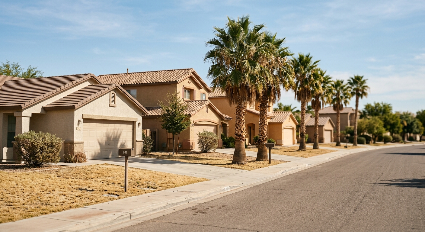 A row of single-family houses with empty driveways along a sunny Sun Belt residential street.