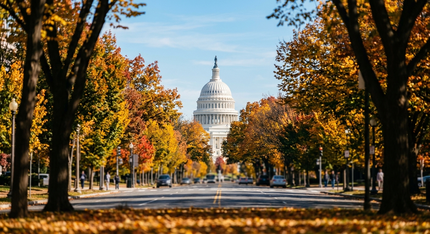 The United States Capitol dome rises beyond a tree-lined Washington street on a clear autumn morning.