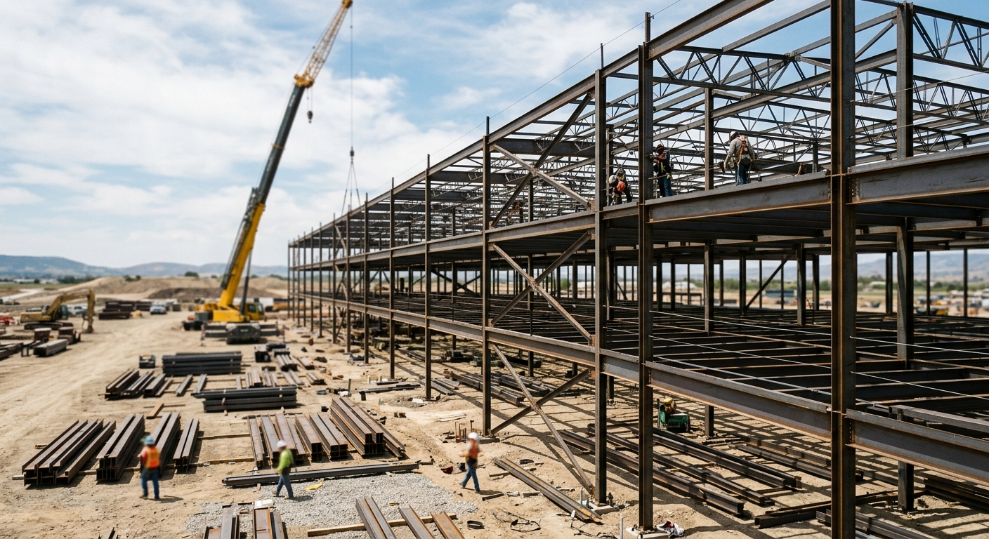 Steel framing rises on a large low-rise commercial construction site under a clear midday sky.