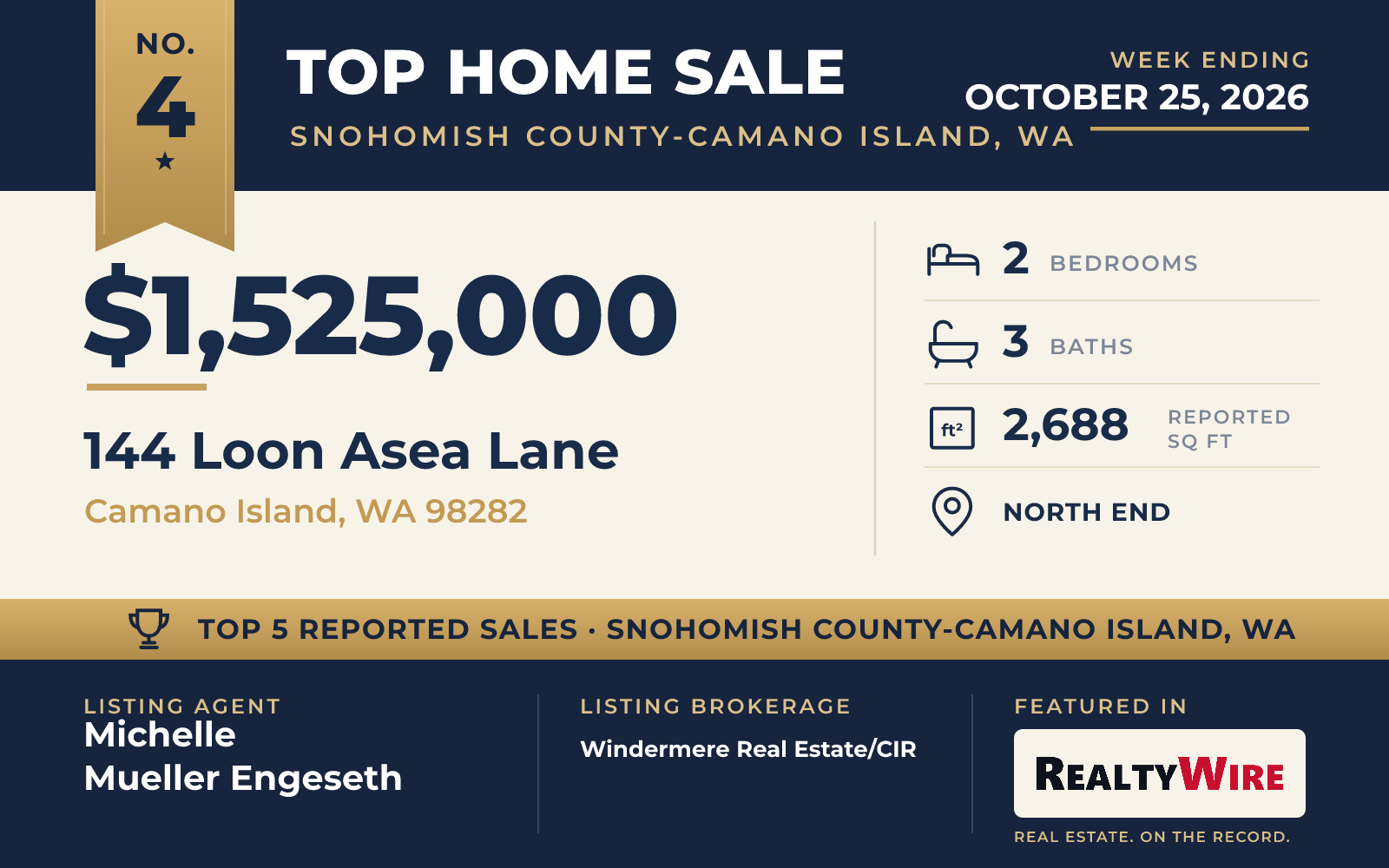 Top home sale No. 4 in Snohomish County-Camano Island, Washington — 144 Loon Asea Lane, Camano Island, Washington, week ending October 25, 2026