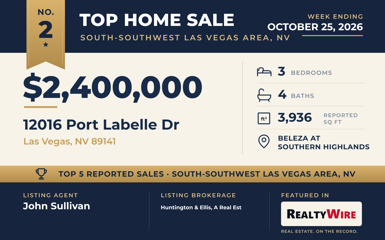 Top home sale No. 2 in South-Southwest Las Vegas Area, Nevada β 12016 Port Labelle Dr, Las Vegas, Nevada, week ending October 25, 2026