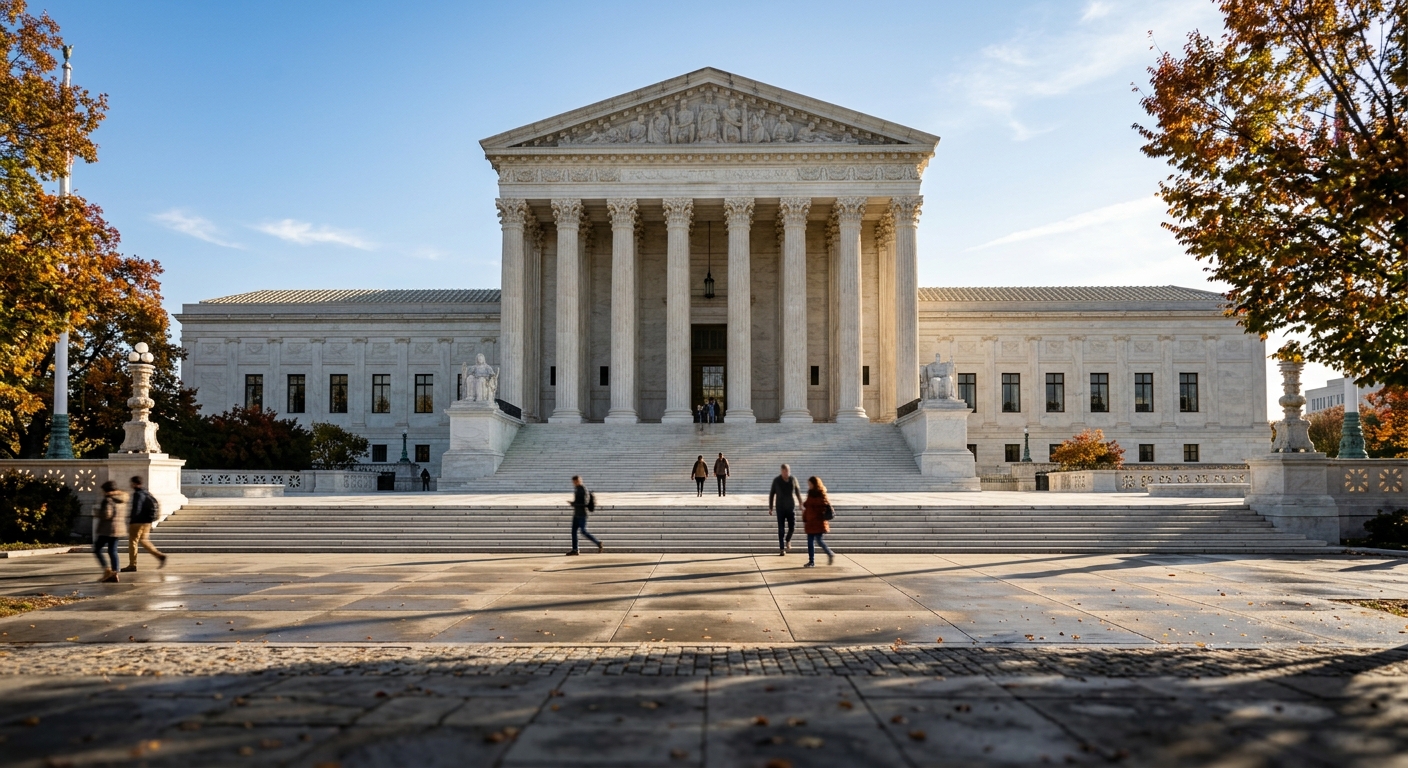 The marble west facade and front steps of the U.S. Supreme Court building in Washington on an autumn morning.