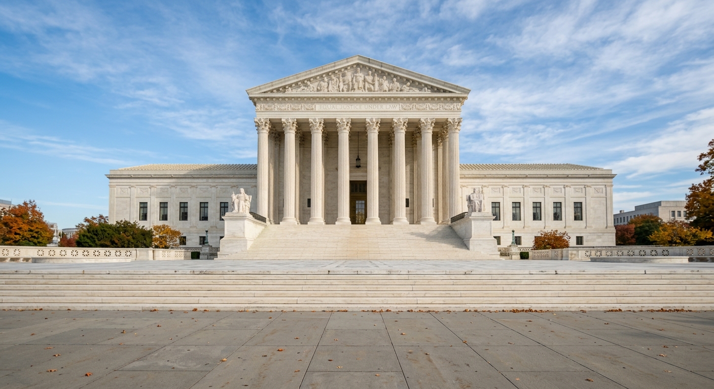 The marble facade and empty front steps of the United States Supreme Court building on a clear autumn afternoon.
