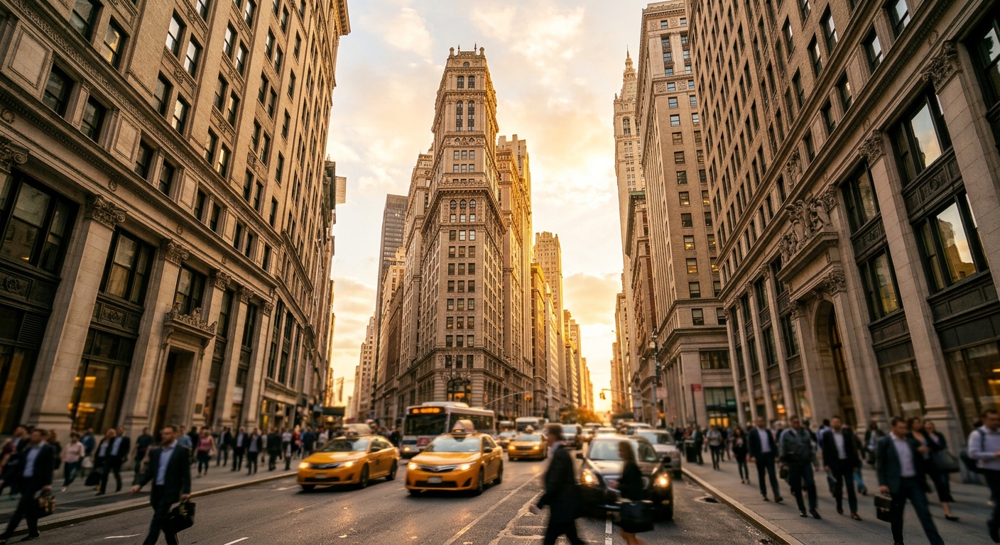 Prewar office towers lining a Midtown Manhattan street at golden hour.