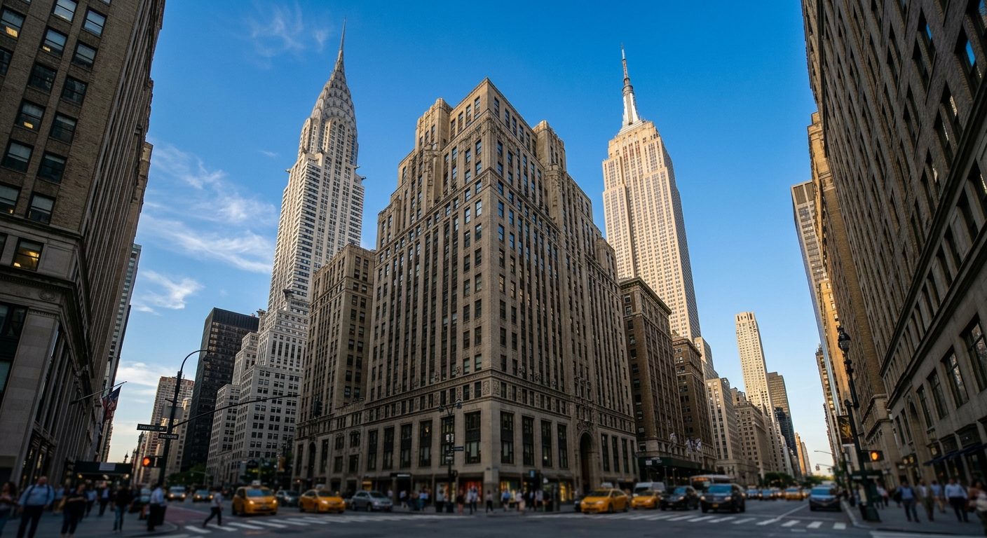 Art Deco skyscraper spires and setback towers in Midtown Manhattan viewed from street level on a clear afternoon.