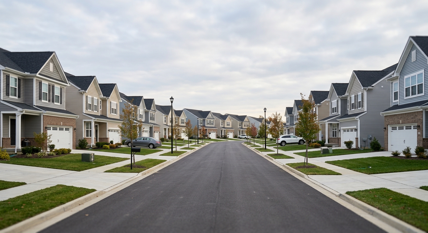 A suburban street lined with near-identical newly built single-family houses under overcast morning light.