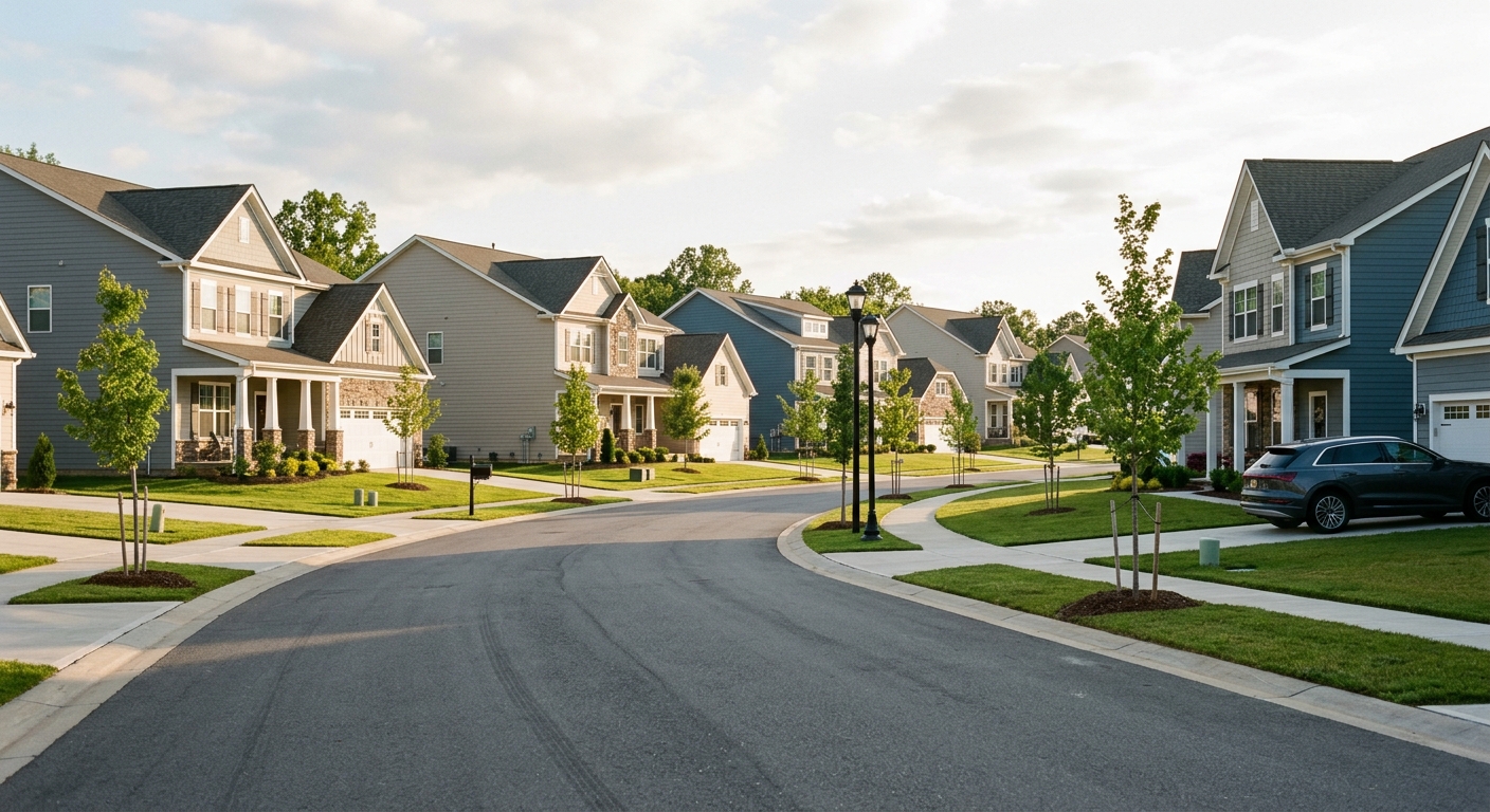 A suburban street lined with newly built single-family homes in late afternoon light.