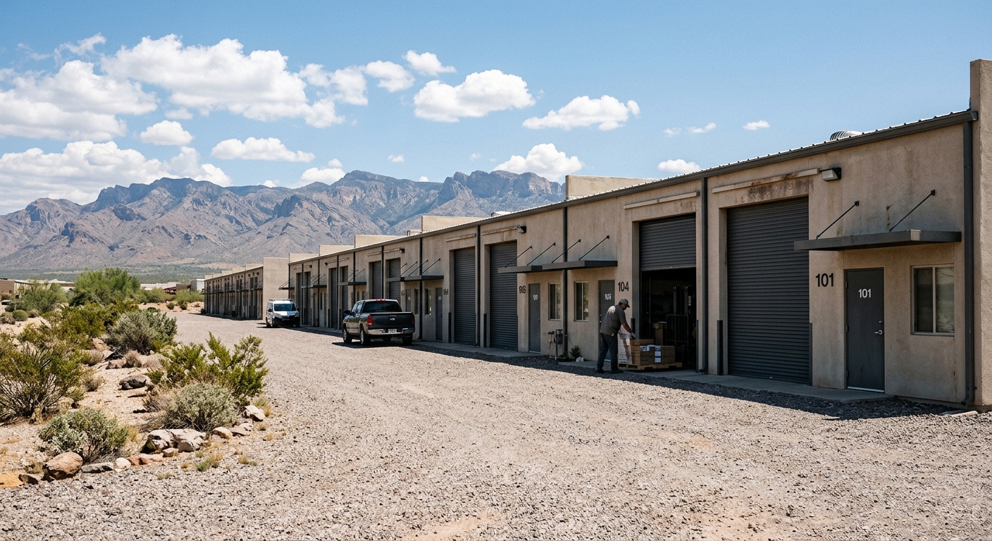 Low-rise small-bay industrial warehouse units with roll-up doors in a desert business park beneath distant mountains.