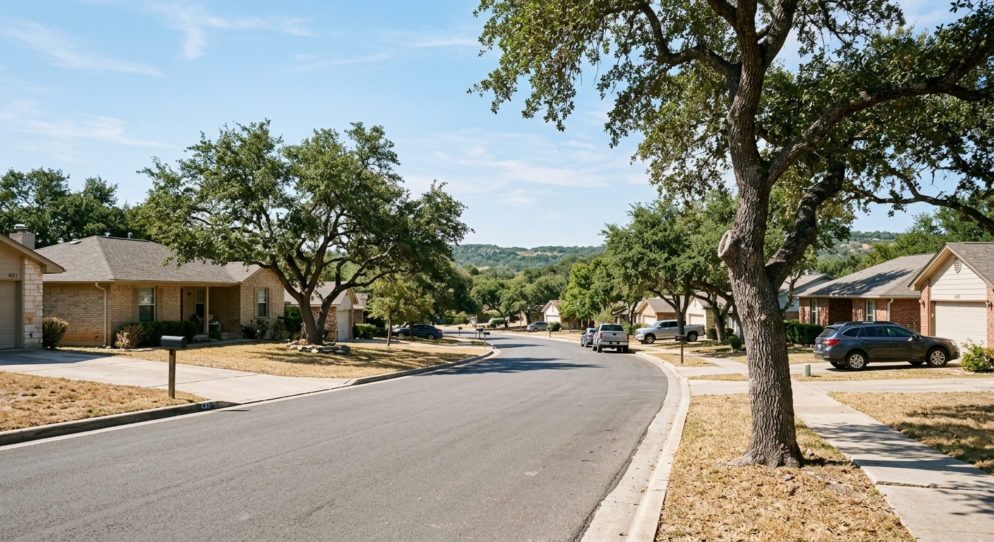 A residential street of single-story ranch houses shaded by live oak trees in a Central Texas neighborhood.