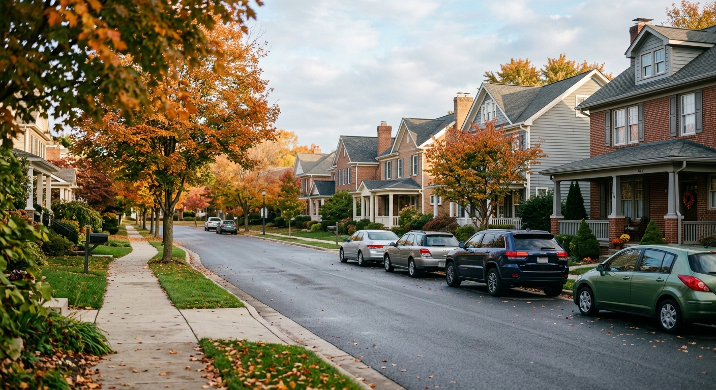 Two-story suburban homes line a quiet tree-lined residential street in early autumn morning light.