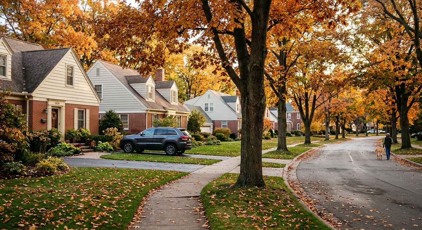 A suburban street of single-family homes lined with autumn trees in late-afternoon light.
