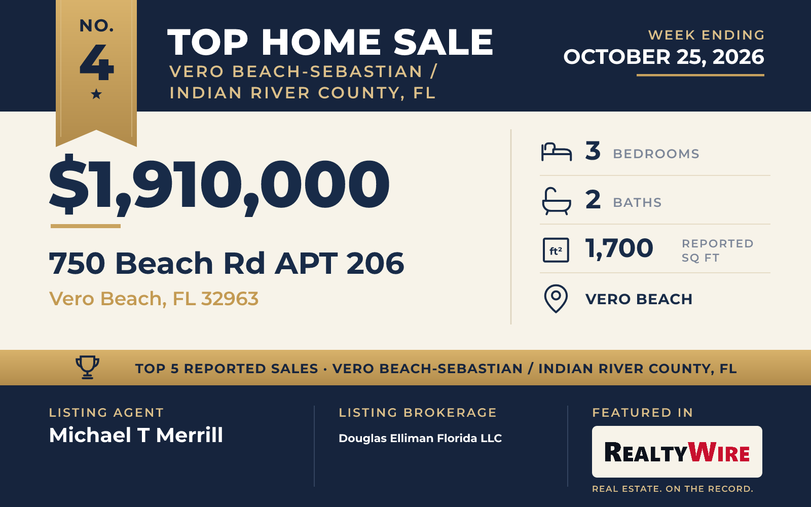 Top home sale No. 4 in Vero Beach-Sebastian / Indian River County, Florida — 750 Beach Rd Apt 206, Vero Beach, Florida, week ending October 25, 2026