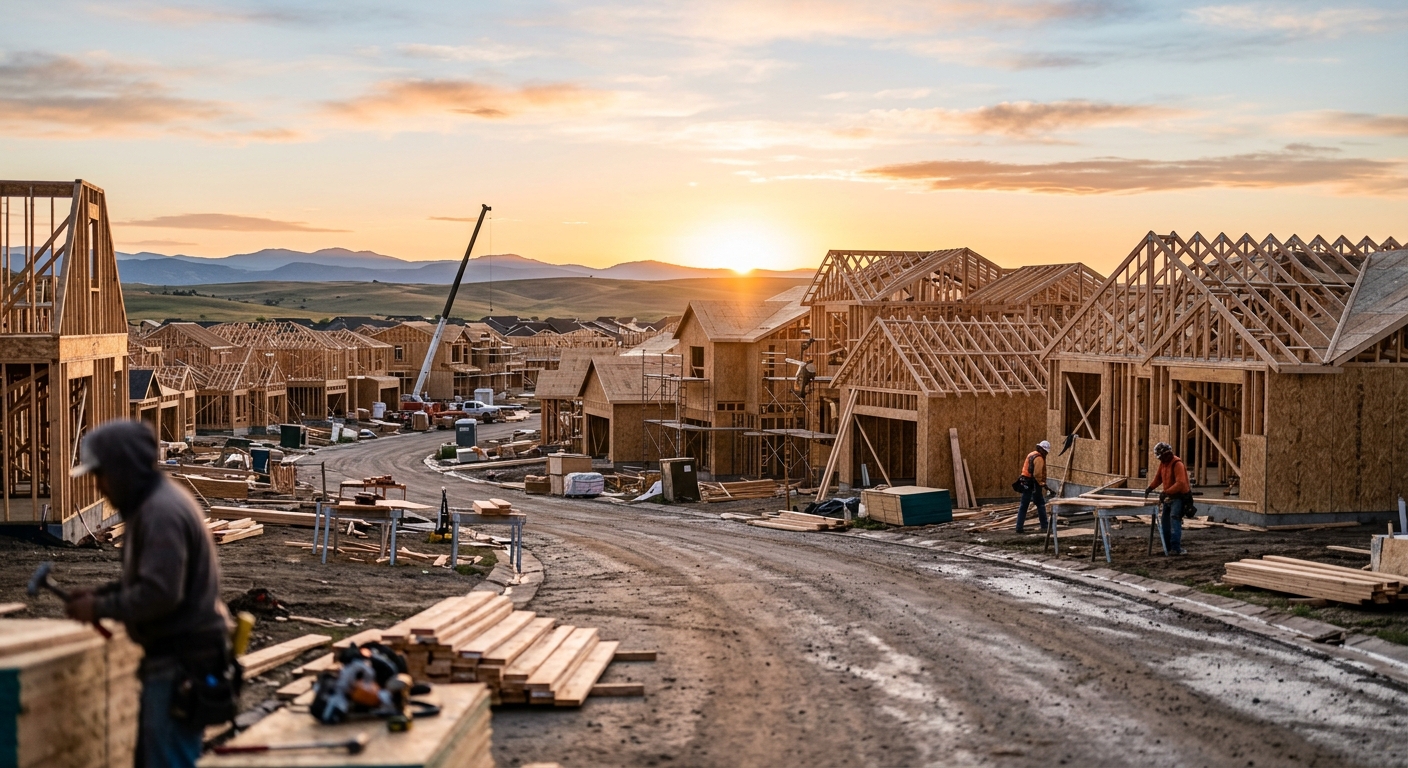 Wood-framed single-family homes under construction in a new subdivision at sunrise.