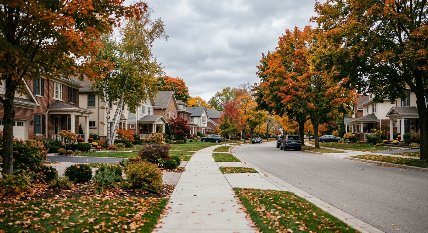 A quiet American suburban street of two-story houses on an overcast early-autumn afternoon.
