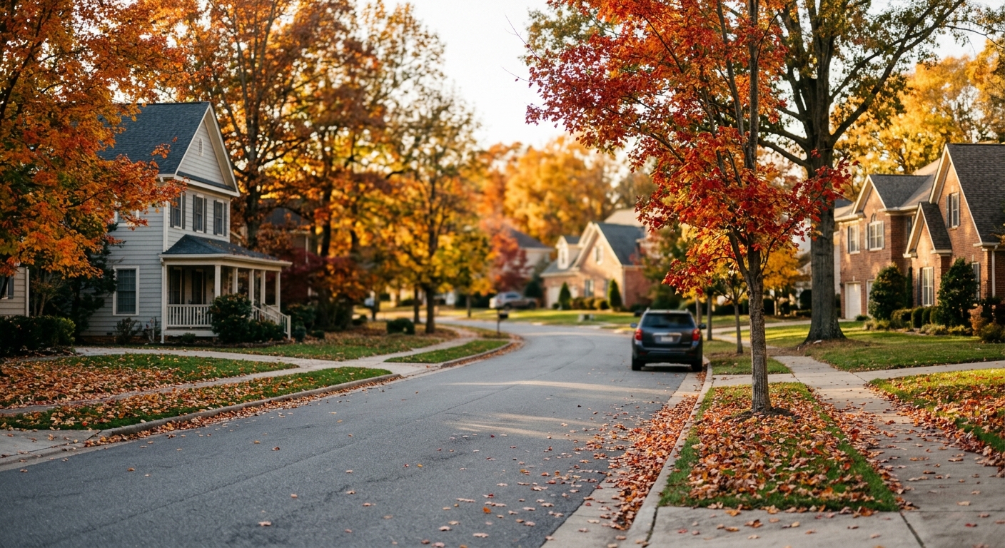 A suburban street of single-family homes in autumn with leaves on the lawns.
