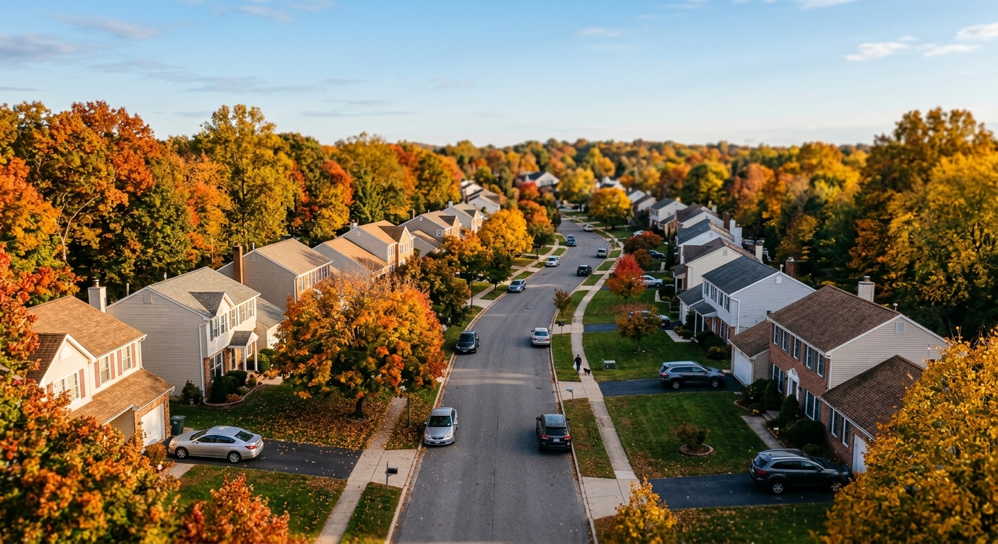 A wide view of an American suburban neighborhood of detached houses and tree-lined streets in autumn.