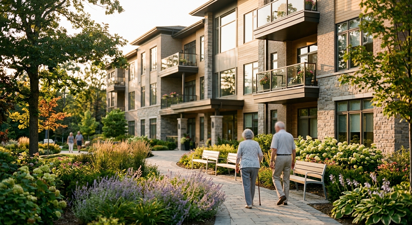 The landscaped exterior of a modern senior living community in late-afternoon light.