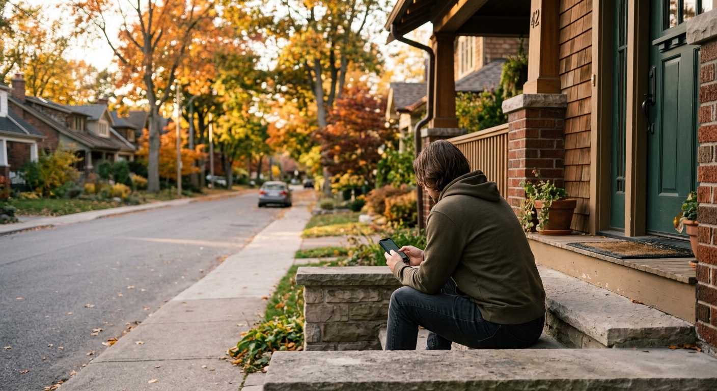 A person holding a smartphone on the front steps of a suburban house on a tree-lined street.