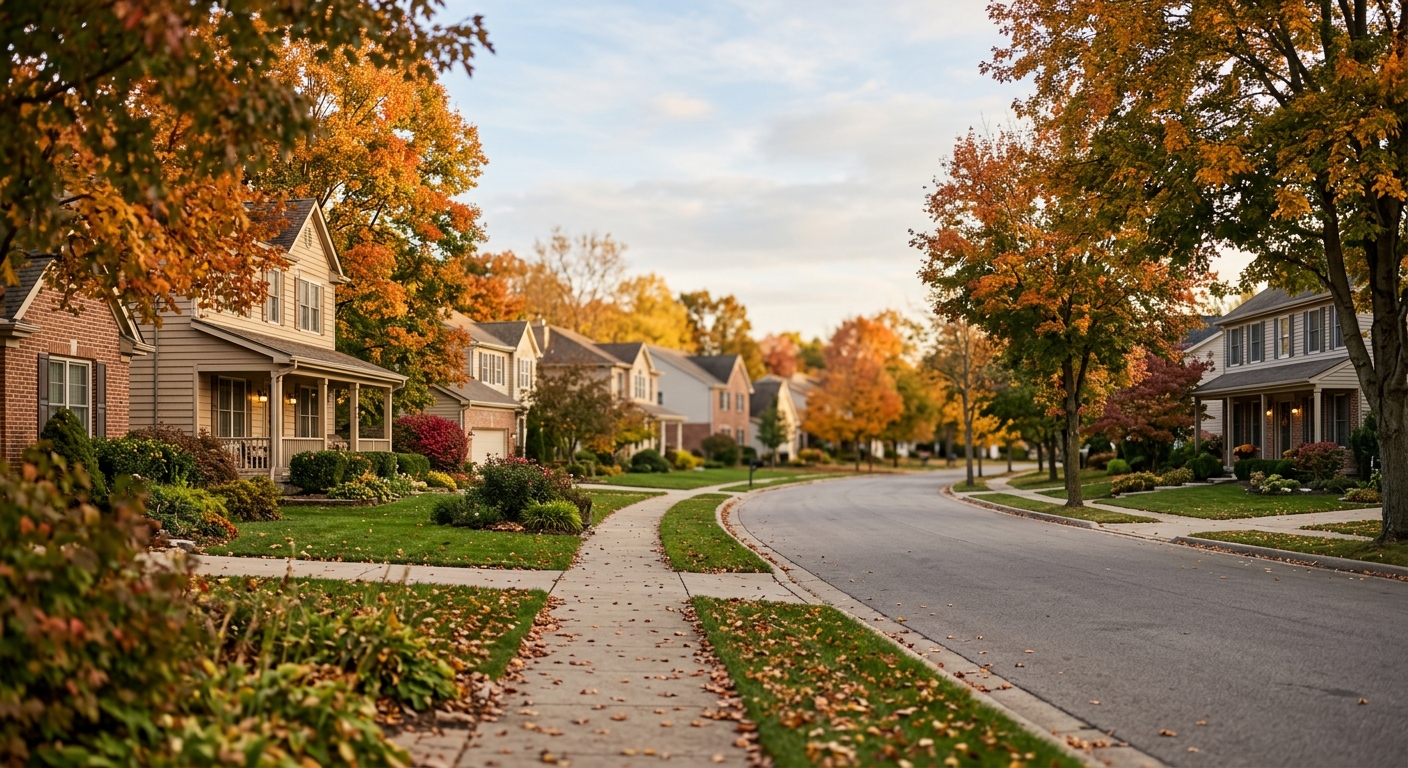 A quiet suburban street of two-story houses lined with trees turning color in early autumn.